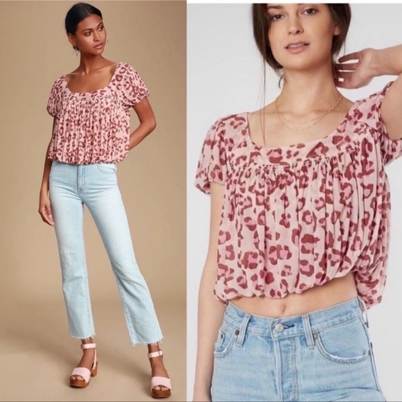 FREE PEOPLE MEG CHEETAH CROP MESH TOP SZ S PINK BROWN FLOWY BOHO SPRING SUMMER - Picture 1 of 11